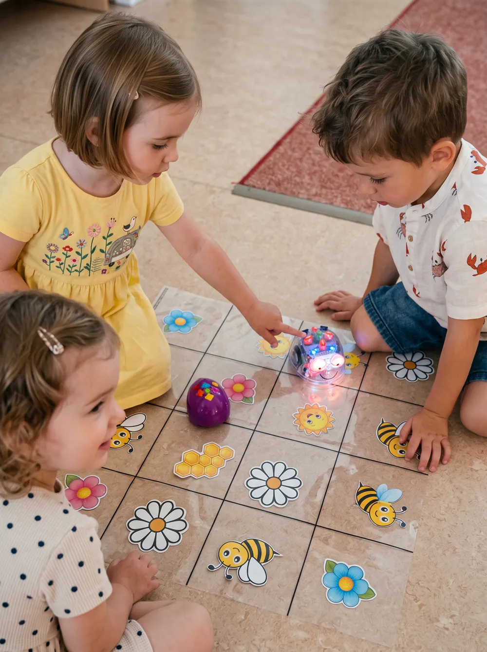 Děti si hrají s programovatelným robotem Bee-Bot na herní podložce